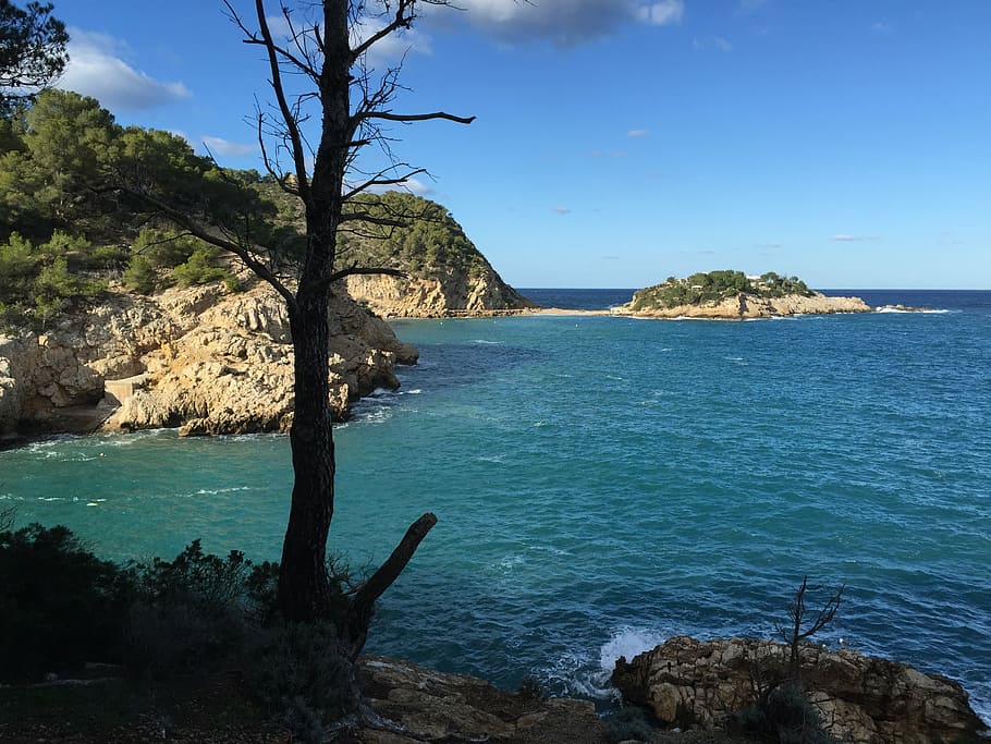 sea, cliffs, ibiza, coastline, nature, beach, summer, blue HD wallpaper
