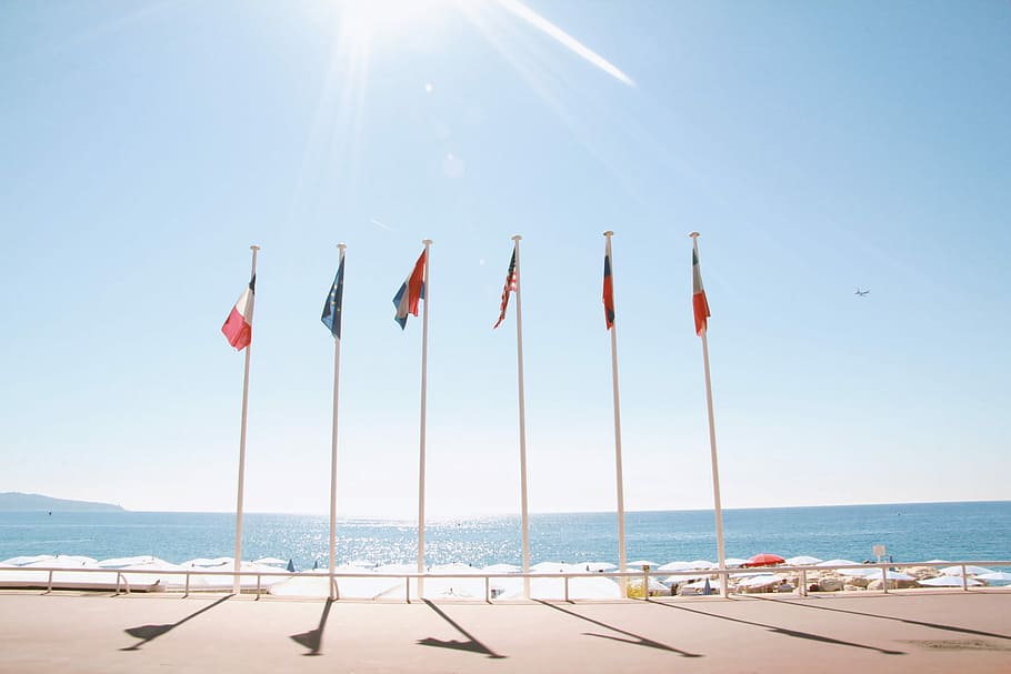 La Promenade des Anglais, six assorted-color flags in pole, flag pole, HD wallpaper