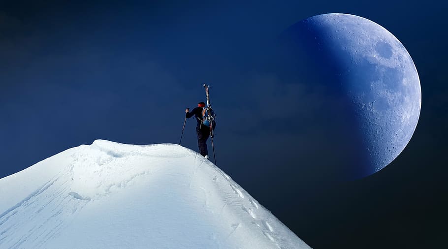 person climbing on snowy mountain, moon, mountains, summit HD wallpaper