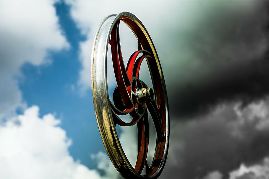 gray and red motorcycle wheel, clouds, sky, nature, tire, metal HD wallpaper