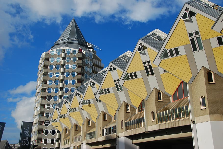 gray concrete house, rotterdam, cube house, architecture, built structure HD wallpaper