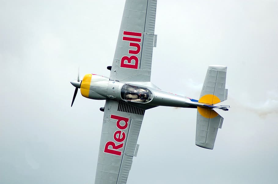 photography of gray Red Bull jet, flyer, air, sky, day, no people HD wallpaper