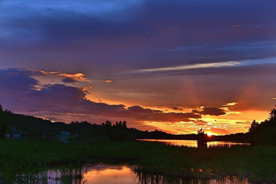 sunset, twilight, clouds, lake, lying, water, québec, canada HD wallpaper
