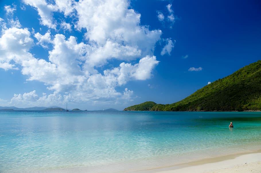 person swimming on beach during daytime, body of water, sky, ocean HD wallpaper