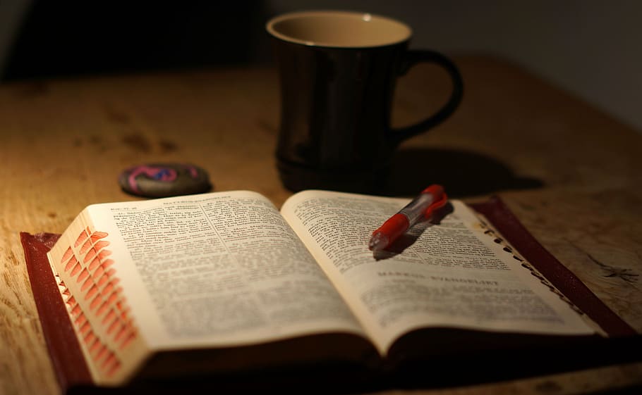 read, mugs, bible, book, publication, open, cup, indoors, table HD wallpaper