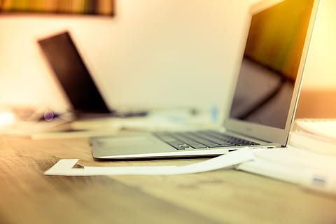 MacBook Air on brown wooden table, home office, web, desktop HD wallpaper