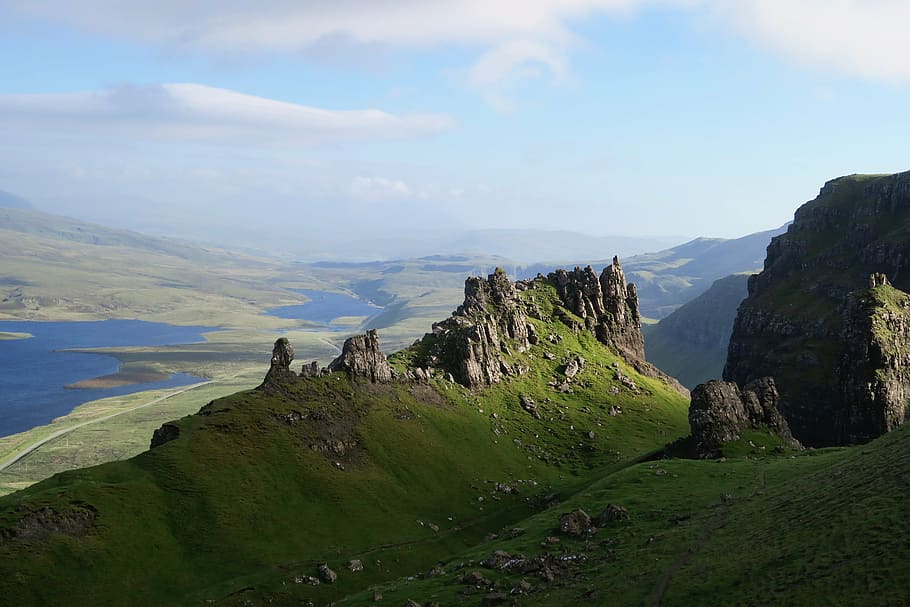 gray and green mountain under gray clouds during daytime, aerial HD wallpaper
