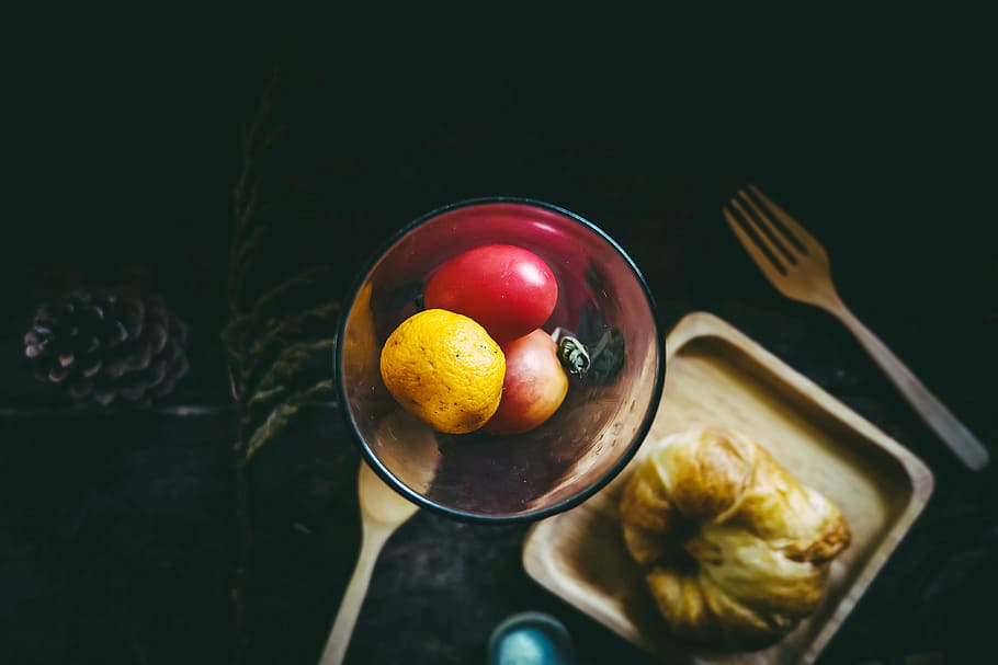 fruits in clear glass cup, croissant, bread, display, table HD wallpaper
