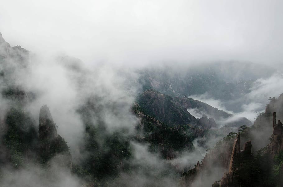 mountains covered with fog, aerial view of mountain with fogs HD wallpaper