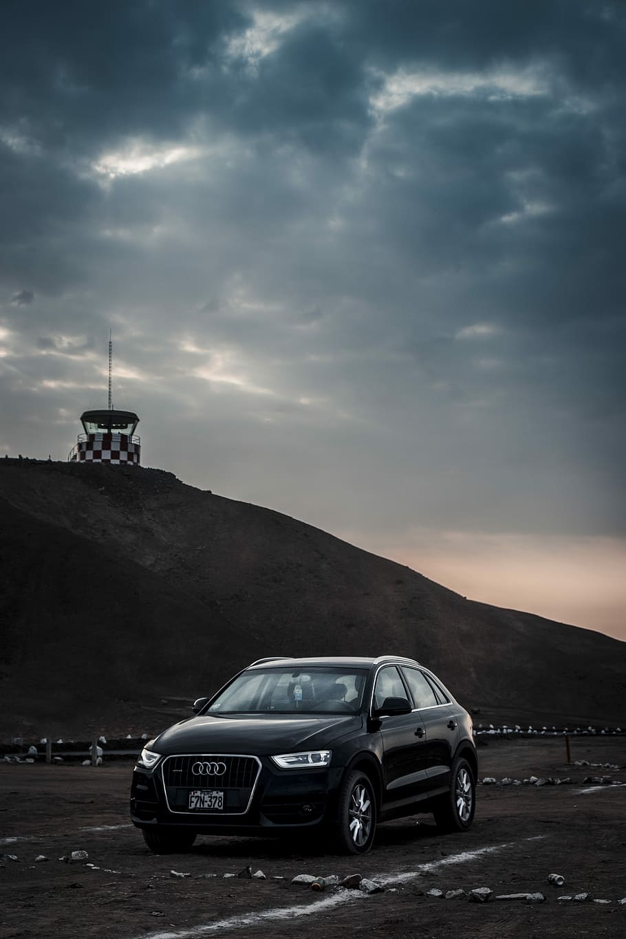 black Audi sedan under dramatic sky, black Audi car under cloudy sky HD wallpaper
