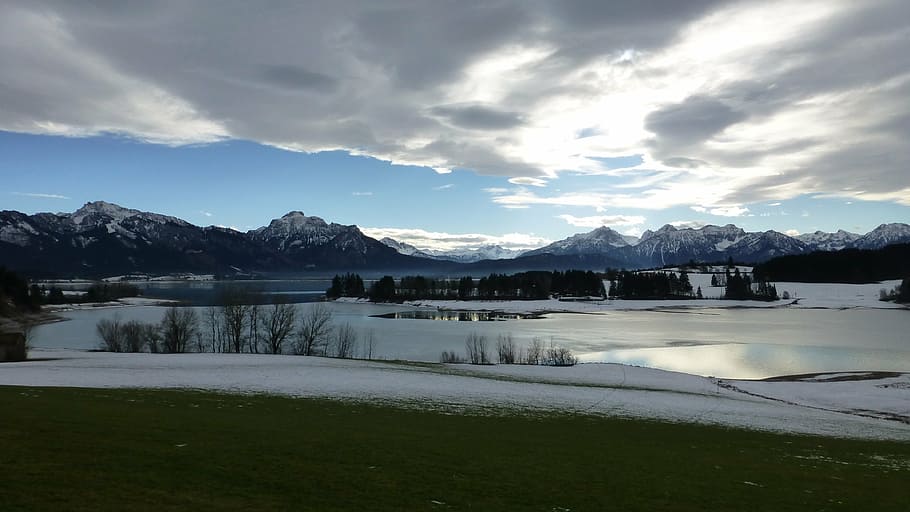 allgäu, lake forggensee, winter, snow, ice, weather, panorama, HD wallpaper