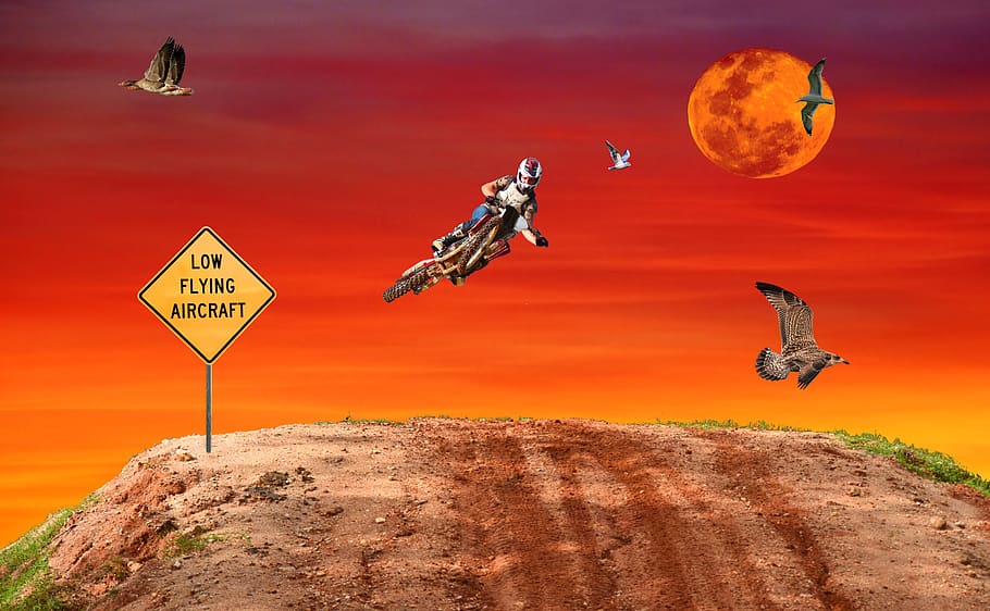 motocross, jump, fantasy, sky, low flying aircraft sign, extreme, HD wallpaper