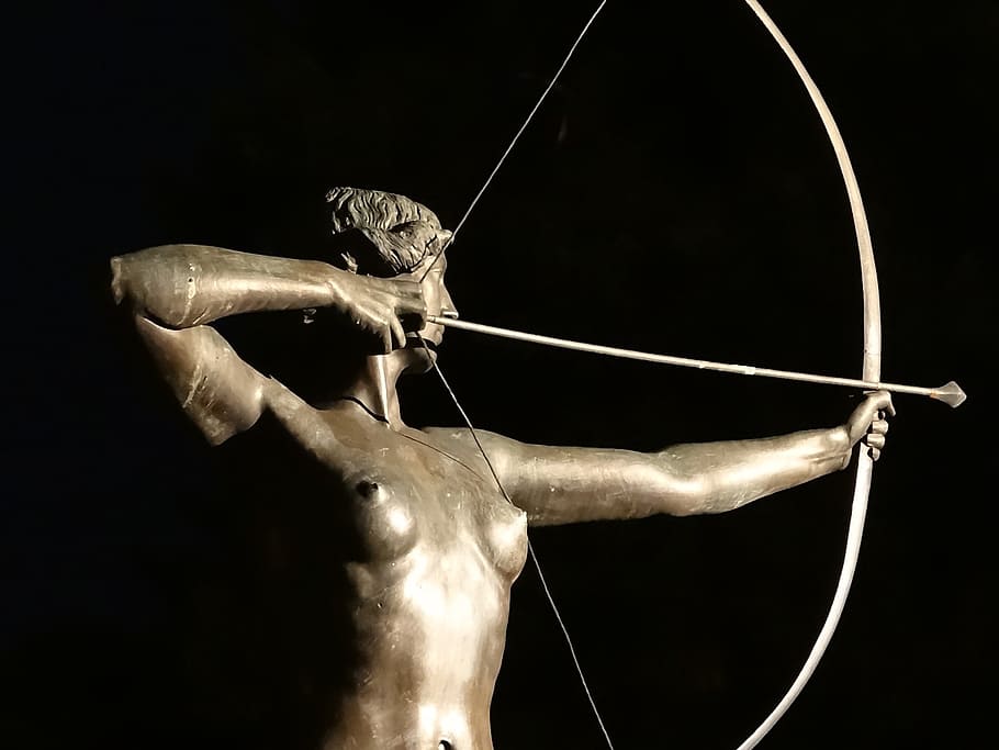 person holding bow and arrow statue, luczniczka, bydgoszcz, sculpture, HD wallpaper