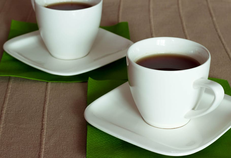two cups of coffee placed on brown sheet, tea, teacup, green HD wallpaper