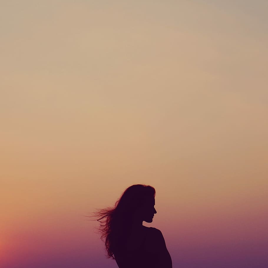 silhouette of woman under orange sky, photography of woman silhouette, HD wallpaper