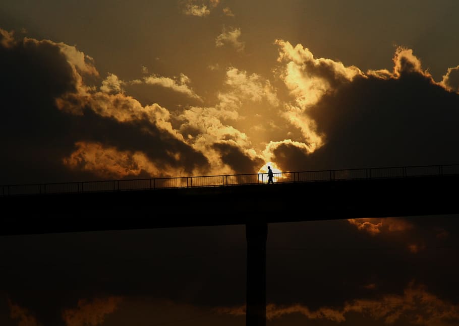 sunset, bridge, man, sky, cloud, height, cloud - sky, silhouette HD wallpaper
