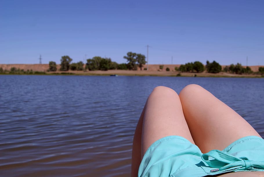 legs, river, summer, landscape, river bank, young woman, women HD wallpaper