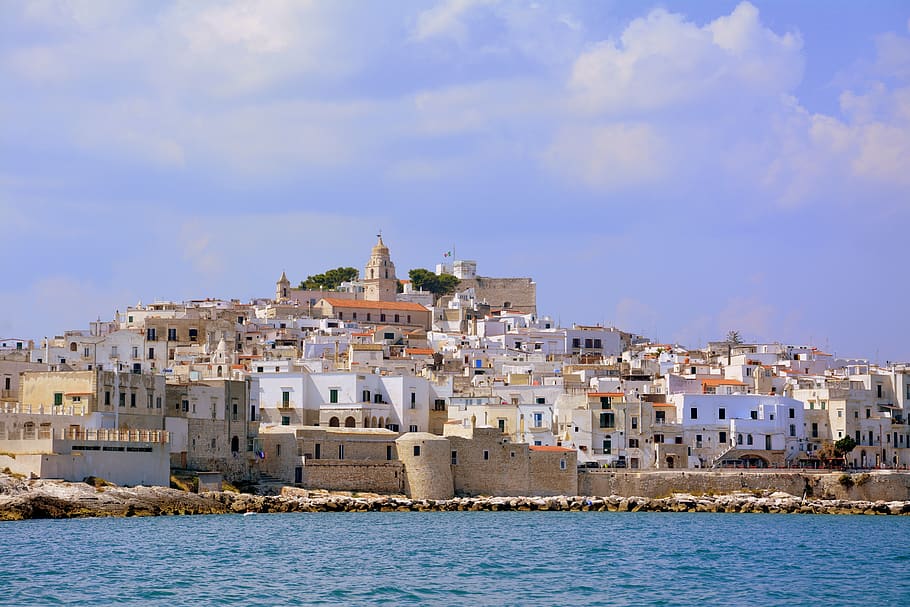 houses, promontory, costa, sea, rock, cliffs, vieste, gargano, HD wallpaper