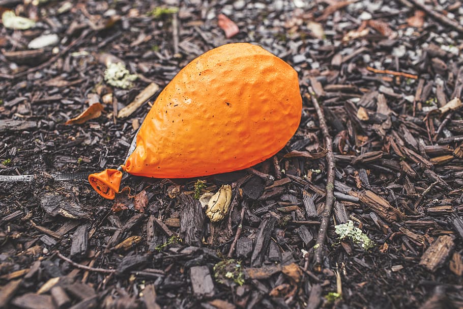 orange latex balloon on the ground, deflated, sticks, orange color HD wallpaper