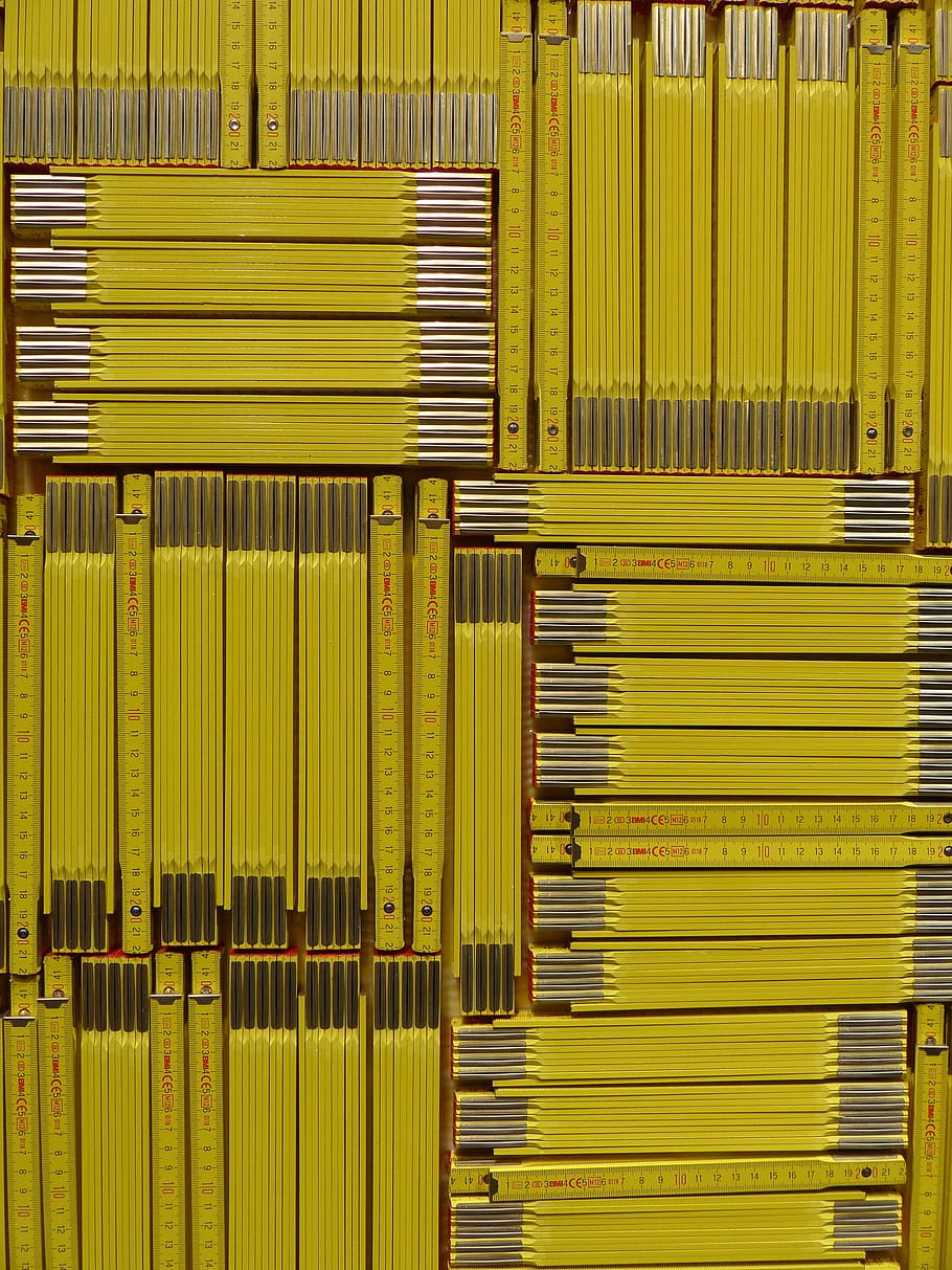 yellow hand tool lot, meterstab, folding rule, cm, wood, mosaic HD wallpaper