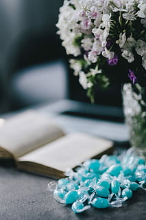 Book and blue candy, flower, flowers, essentials, opened book HD wallpaper