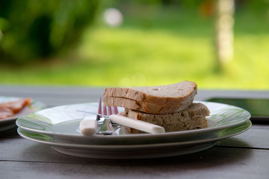 bread, snack, breakfast, garden, plate, cutlery, knife, fork HD wallpaper