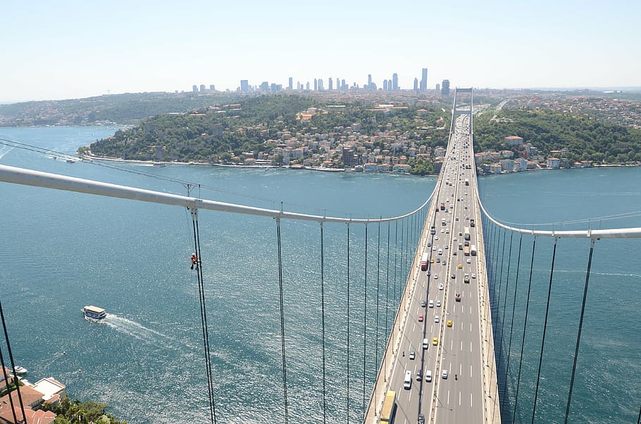 bridge during daytime, high, angle, photo, suspension, architecture, HD wallpaper