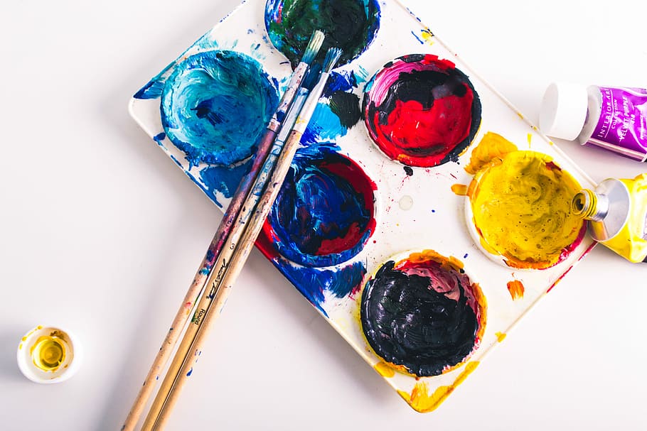 brown paint brushes on assorted-color paint palette, assorted-color paints HD wallpaper