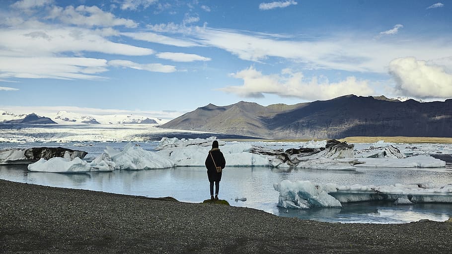 ice, river, water, standing, sky, full length, one person, beauty in nature HD wallpaper