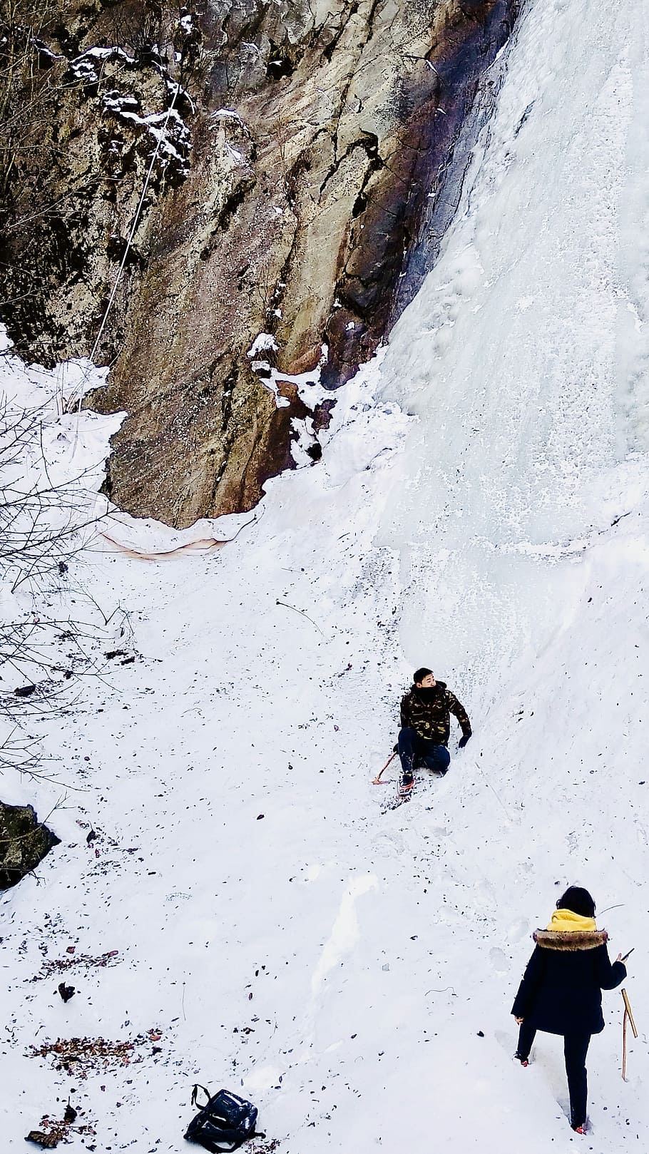 two man and woman on snow, rock, ice, climb, people, winter HD wallpaper