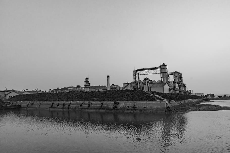 black and white, factory, muzzle, water, sky, industry, nature HD wallpaper