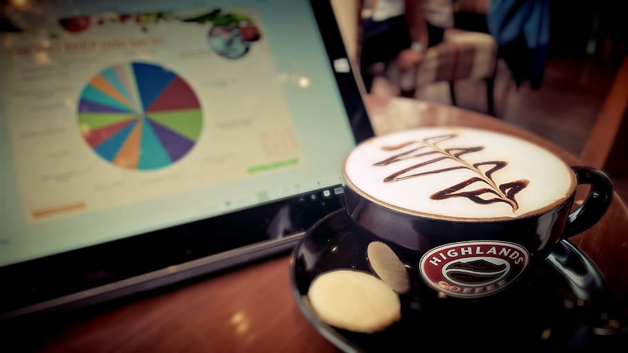 mug with latte near tablet computer, coffee, cup, technology HD wallpaper