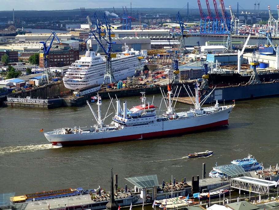 white and red cruise ship, container, elbe, seafaring, port HD wallpaper
