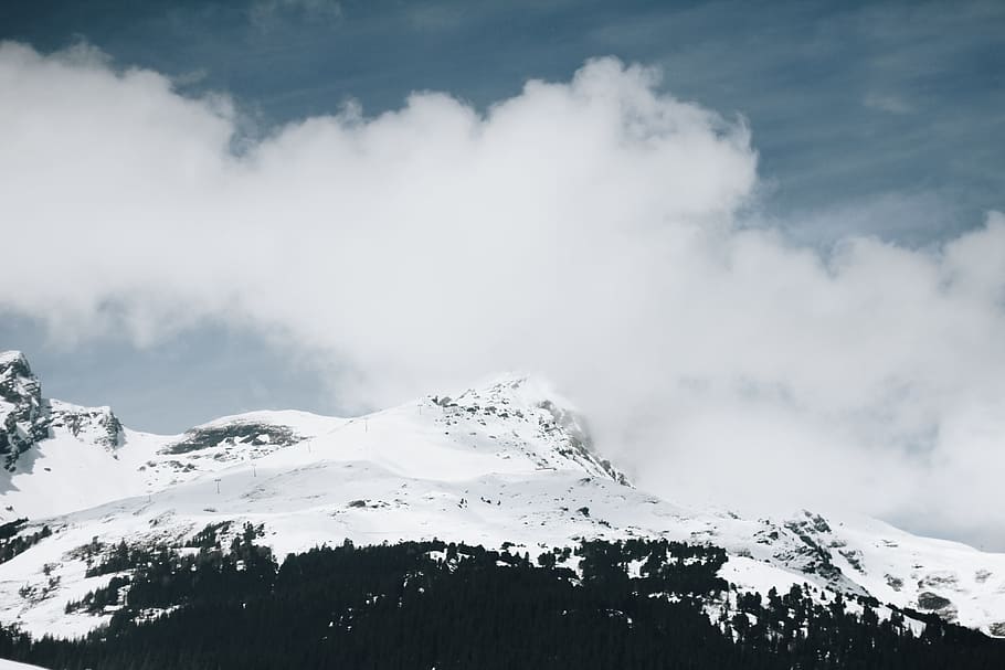 snow-covered mountain under cloudy sky during daytime, snowcapped mountain under white cloudy sky HD wallpaper