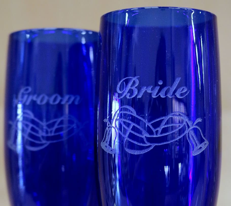 champagne glasses, blue, cobalt, wedding, bride, groom, etched, HD wallpaper