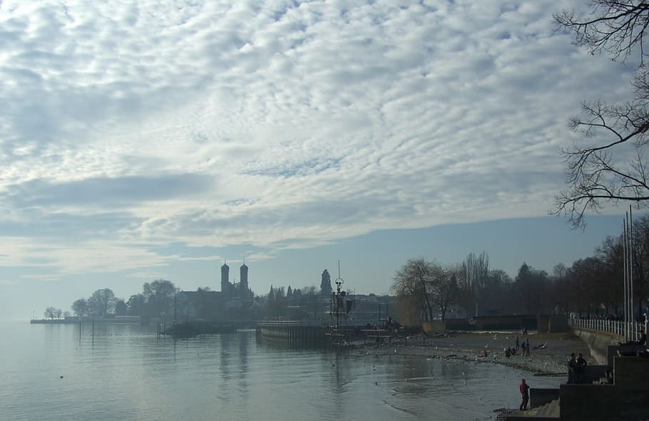 lake constance, friedrichshafen, castle, hazy, clouds, promenade, HD wallpaper