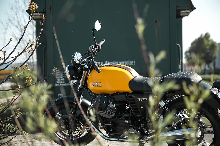 yellow and black standard motorcycle near green wall, yellow and black motorcycle, HD wallpaper