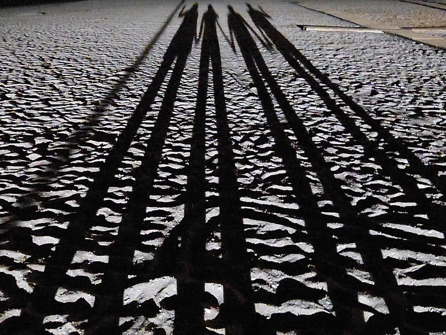 shadow of four person on gray sand, beach, long, twilight, silhouette HD wallpaper