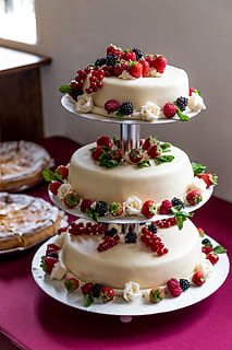 white icing-coated 3-tier cake, wedding cake, summer, cream pie HD wallpaper