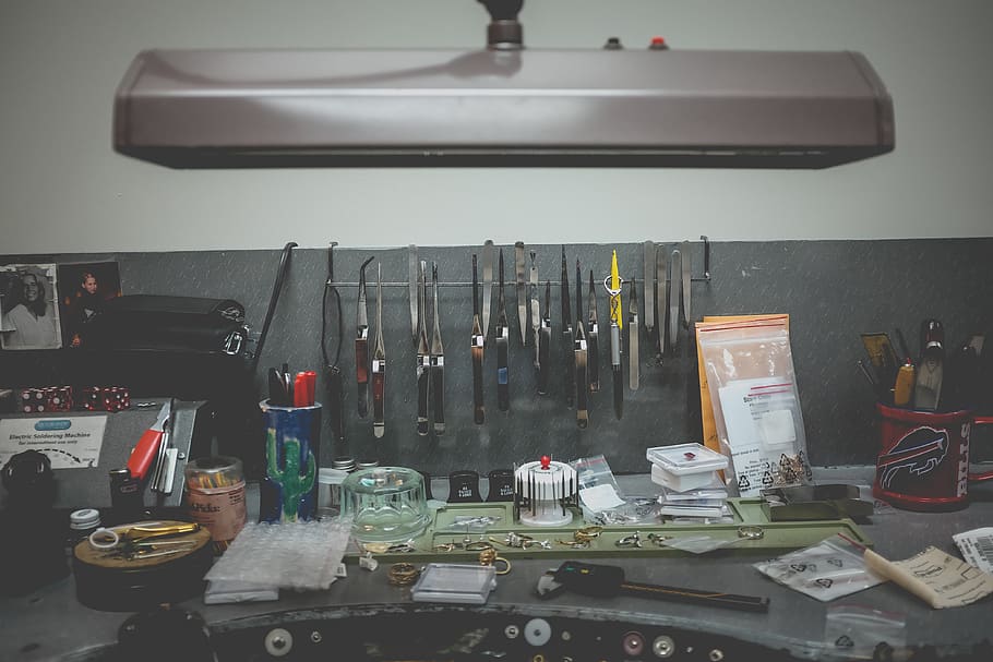 tools, table, office, work, indoors, equipment, large group of objects HD wallpaper