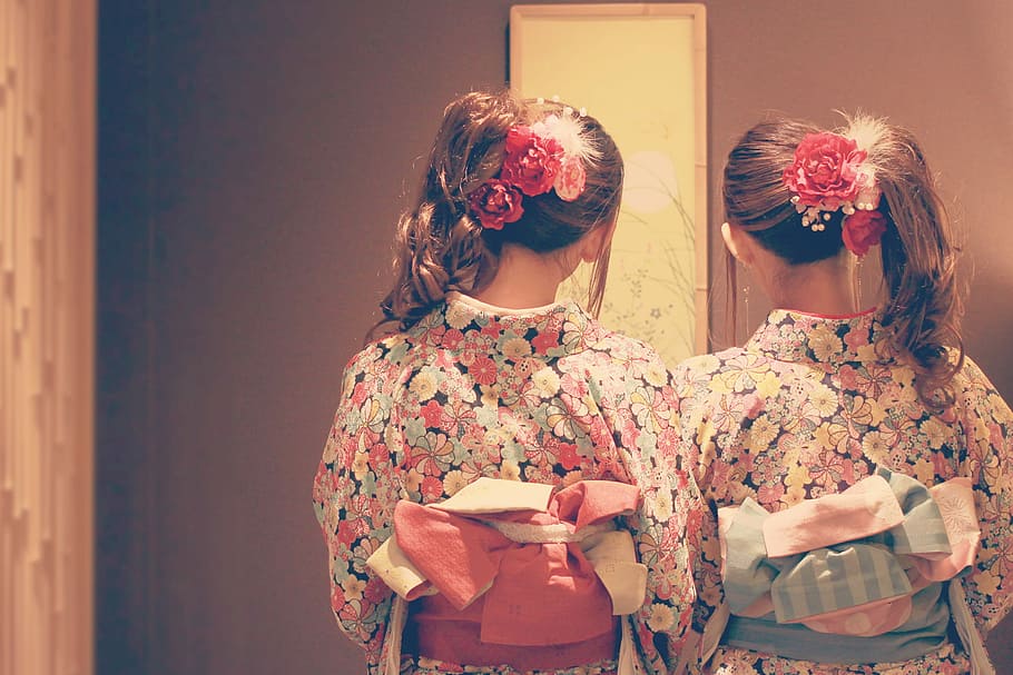 two Women in pink, yellow, and teal floral kimono, people, old-fashioned HD wallpaper