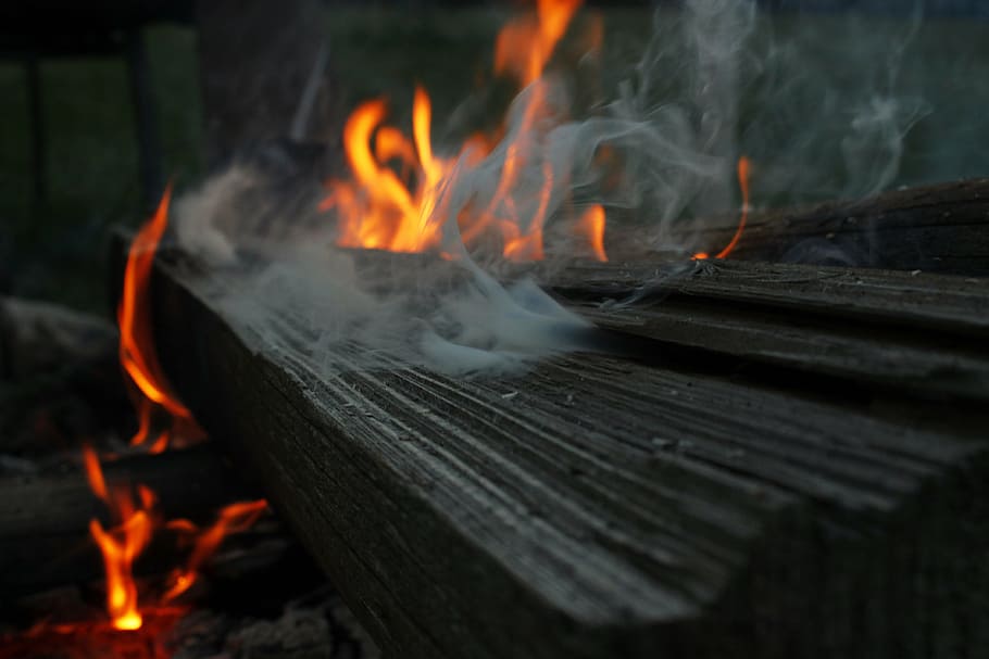 fire, wood, smoke, flame, embers, burn, campfire, barbecue HD wallpaper
