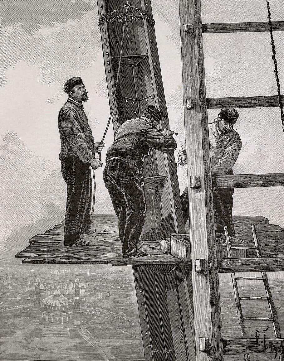 eiffel tower, construction, workers, engineers, france, paris HD wallpaper