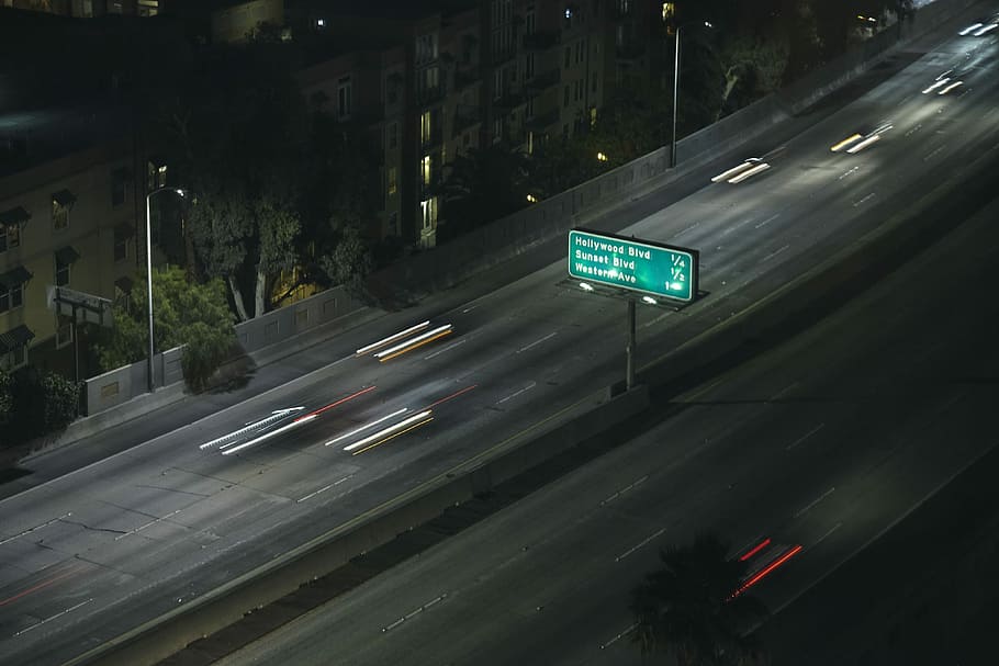 time lapse photo of vehicle on road, timelapsed photo of a green lighted signage, HD wallpaper