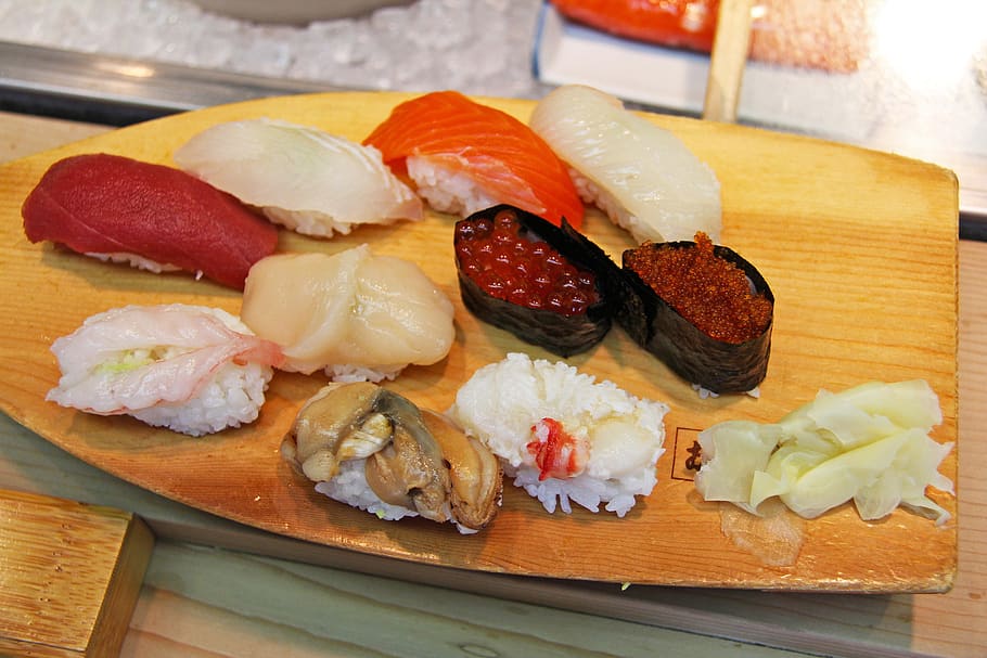 authentic, sushi, sashimi, shrimp, prawn, roe, rice, fish, wasabi, HD wallpaper