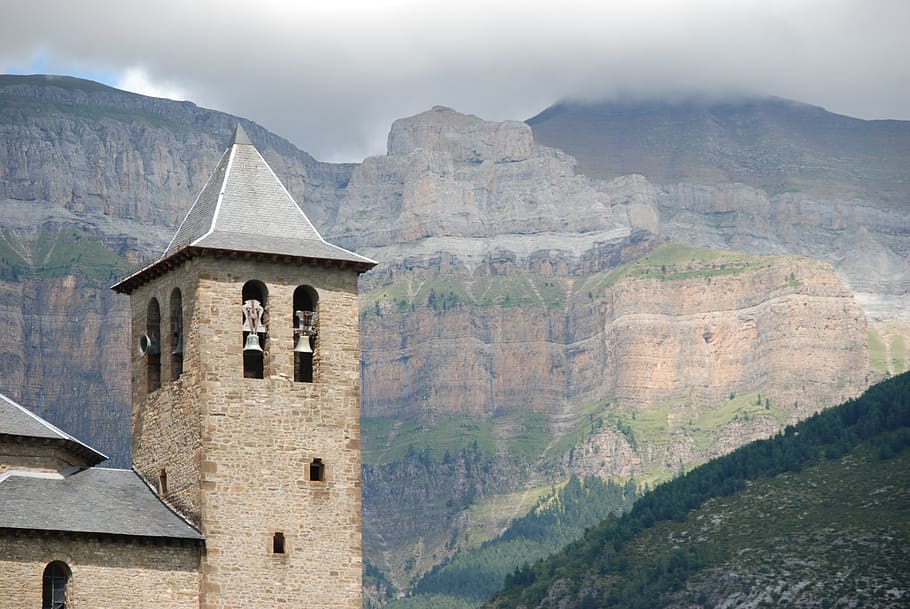 tower, church tower, torla, mountain, landscape, pyrenees, spain, HD wallpaper