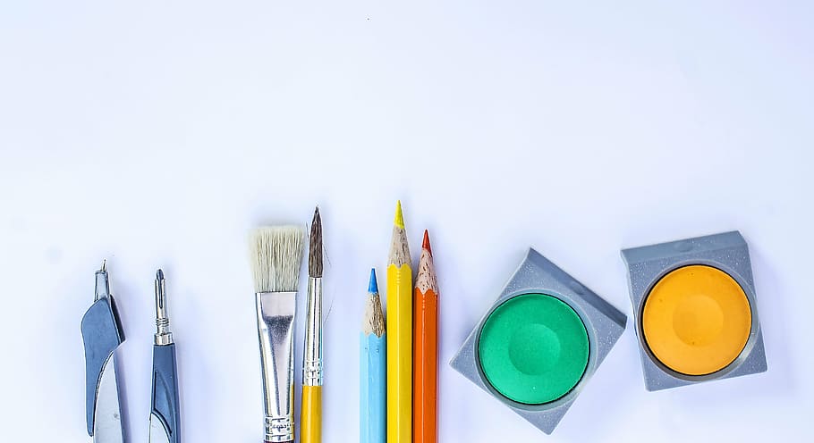 assorted art materials on top of white surface, isolated, tools, HD wallpaper