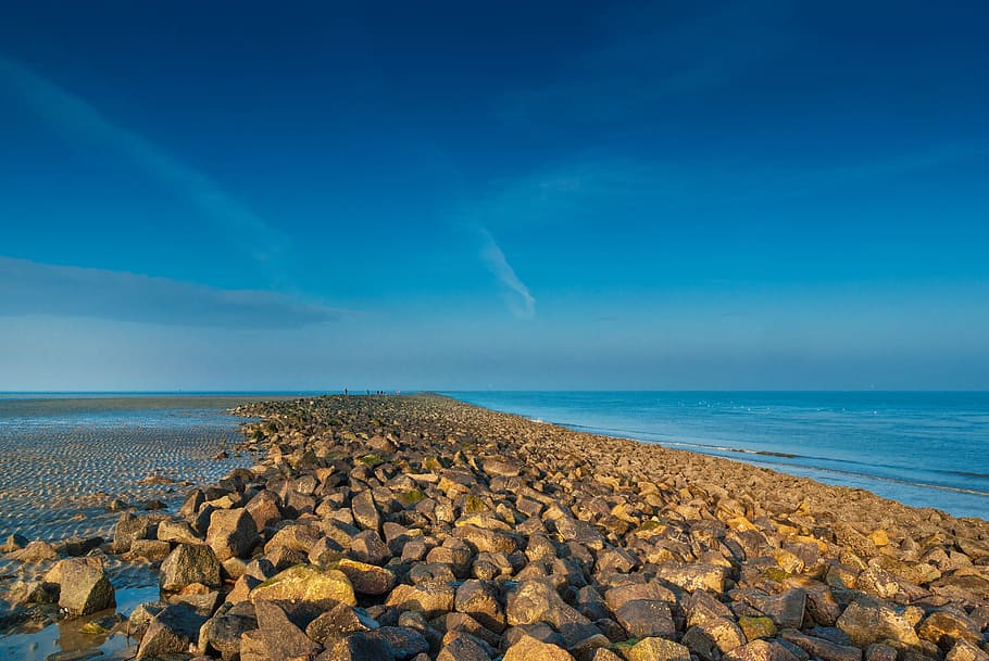 sea, cuxhaven, beach, summer, landscape, stones, water, sky HD wallpaper