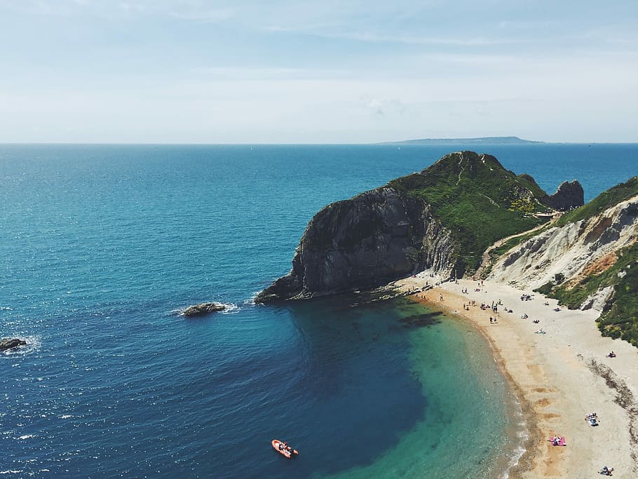 red boat floating on sea, coastline, beach, nature, cliff, scenics HD wallpaper
