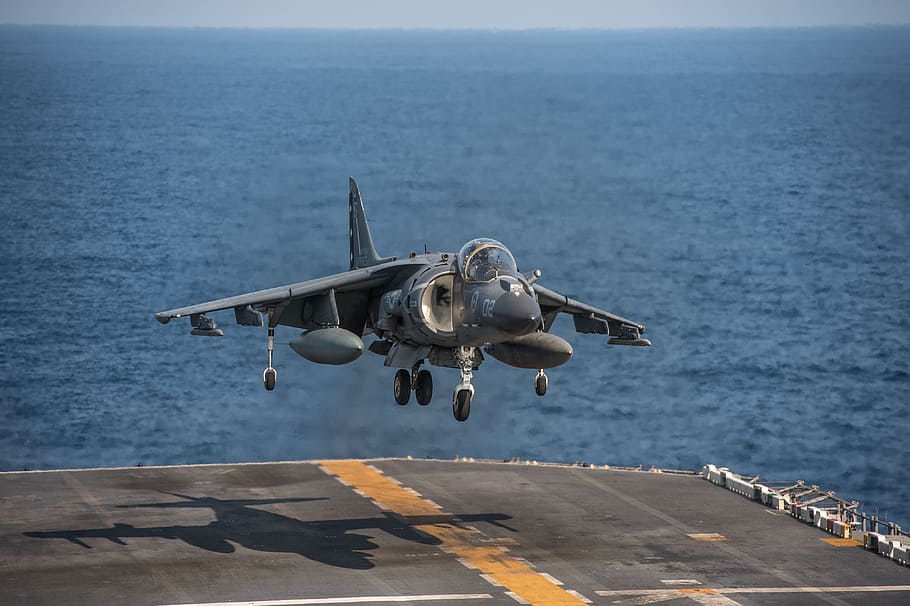 gray fighter plane landing on warship, aircraft, jet, carrier